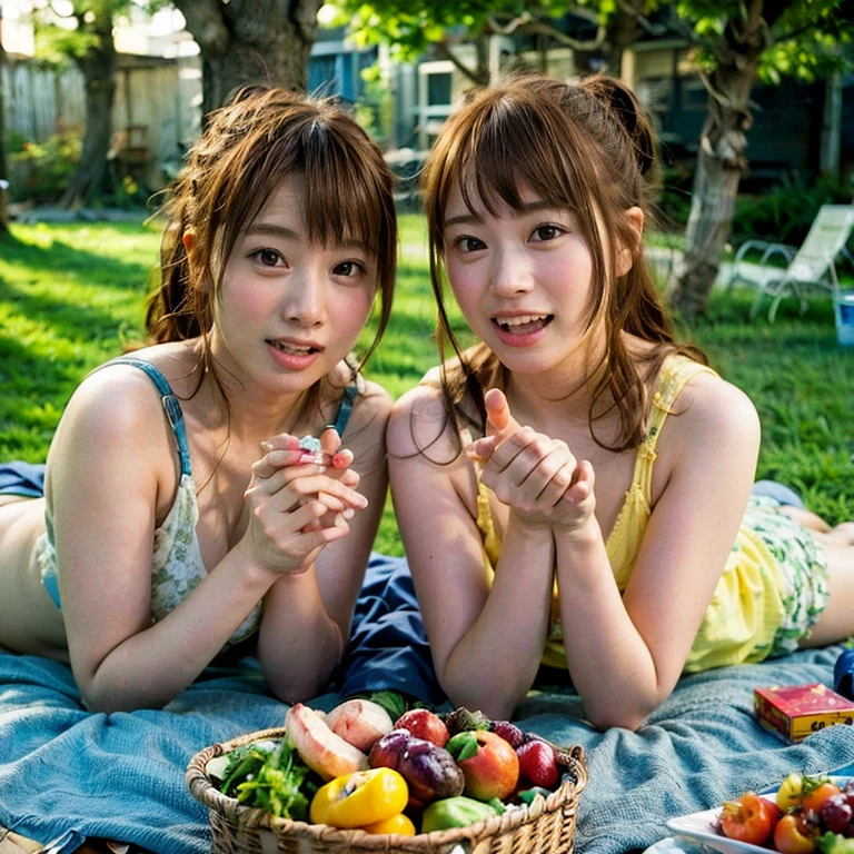 ​masterpiece、top-quality、realisitic、Photorealsitic、Fruit-themed paradise、Japan woman in fruit sexy swimsuit、Teen、eating fruit、Surrounded by a lot of fruits、Fruit Tower、Bright décor、A smile、Joy、dynamic ungle、动态照明