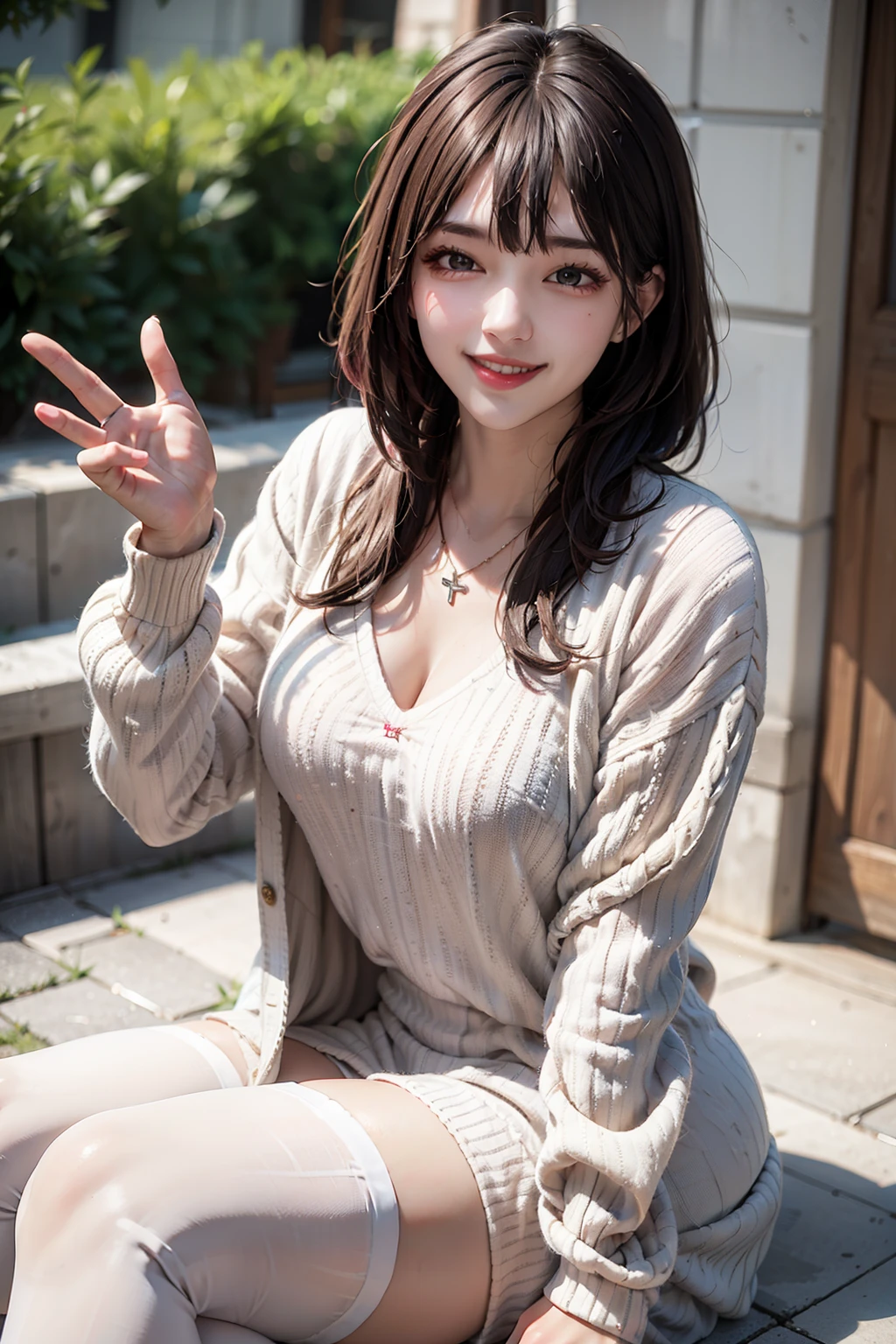 ((((highest quality))))、(((Ultra-precision CG16K wallpaper)))、(((masterpiece)))、(((Super detailed)))、(((Extreme detail)))、((1Mature 29 year old woman:1.6))、((Very beautiful Japanese faces))、((Yua Mikami:1.5))、((Soft Wave Medium Hair、blunt bangs:1.5))、(Shiny brown hair)、Beautiful brown eyes、Clearly defined pupils、eyeliner、eye shadow、High nose、Small nostrils、Small Mouth、Seductive lips、Beautiful breasts、((C cup size breasts))、Cleavage、Voluptuous body、eight-headed body、Perfect proportions、Perfect Anatomy、Perfect composition、Beautiful detailed shading、Beautiful, natural lighting、Beautiful detail glow、Depth of written boundary、(((High chroma)))、(((Real:1.9)))、((vivid:1.5))、((Beautiful Skin))、((Skin Texture))、((Realな皮膚感))、(((Cowboy Shot:1.6)))、((Front view、shoot from front、Front low angle:1.6))、(((smile:1.7)))、((The woman is looking at this、looking at viewer、Facing forward:1.6))、Bright daylight、Natural light、(((garden、Trees:1.4)))、(Sitting pose:1.6)、(((Wine red off-shoulder jagged knit mini dress with belt:1.6)))、((Earrings、Wearing a choker:1.3))、(((Knee-high socks:1.6)))、(((女性はgardenのベンチに座っている:1.6)))、
