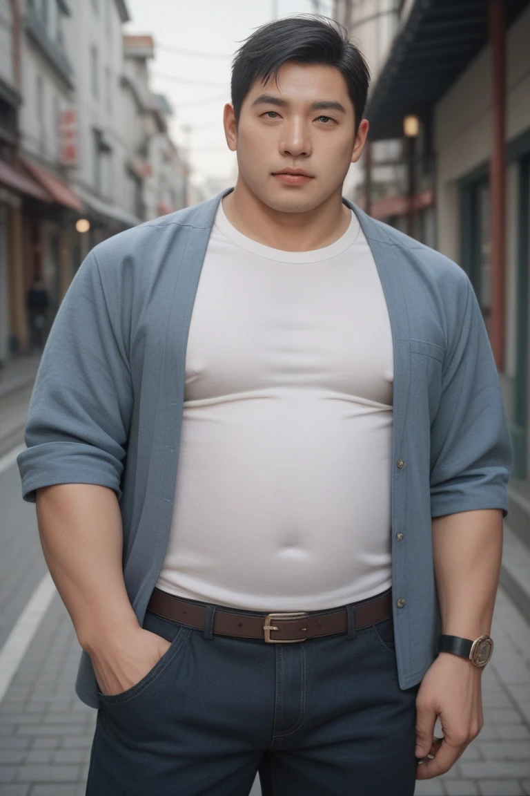a young chubby boy, no body hair, tattoo all over the body, wears only underwear, barefoot, short hair, peaceful, front view, low angle shot, looking at camera, full body, in a dark corridor, anime, ultra detailed, vivid color, cinematic lighting,