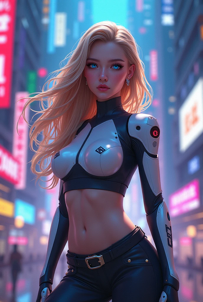 Cyberpunk Edgerunners, 1girl, Lucy \(Cyberpunk\), blue eyes, cyber eyes,, pale skin, petite figure, (medium chest, wild girl, small head)), daylight, sunlight, (perfect body: 1,1), (young), (short wavy hair: 1,2), white hair, ((hair with bangs)), collar, full length, crowded street, wearing a tight cropped ((black latex sports bra), ((black latex panties) ),black latex panties, (extremely detailed CG 8k wallpaper), (an extremely delicate and beautiful), (masterpiece), (best quality: 1.0), (ultra high resolution: 1.0), gorgeous lighting, perfect flashes , realistic shadows, [high res], detailed skin, extremely detailed, pale skin, barefoot