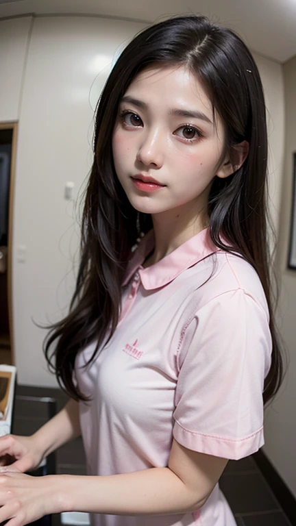 young looking girl of 22 years, Long hair, redhead, happy smile, grey eyes, pink shirt, that has imperfections