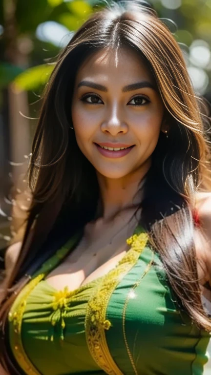 Realistic full body photo of a smiling black haired Asian woman with long hair, She dances in front of the camera in a long A-line dress with straps made of shiny green satin., Park,glamour fotoshooting, Wedding celebration, perfect anatomy, perfect brown eyes. Perfect hands with 5 fingers on each hand, Matching girl, look into the camera, 1 Frau. (Eye make up:1.1), (highly detailed skin:1.1), spirit, analog style, keen focus, 8K UHD, dslr, good quality, Fujifilm XT3, Grain, Award-winning, masterpiece. Wedding celebration. She stands in the park and looks over her shoulder into the camera. back