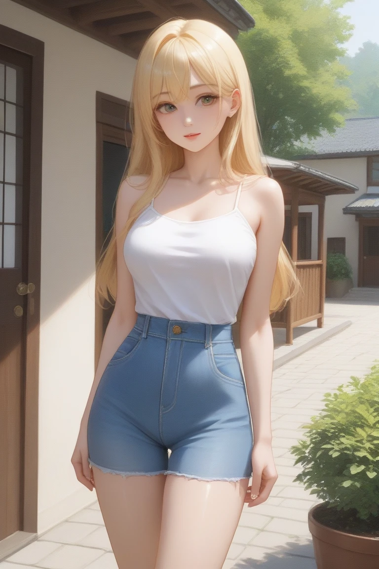 (Best Quality)), ((masterpiece)), (detailed), 1 girl, with tight blue jeans, red strappy blouse, neckline, big breasts, blonde, Chinese hair, Brown eyes,((Whole body)),((Front view)),((in love))
