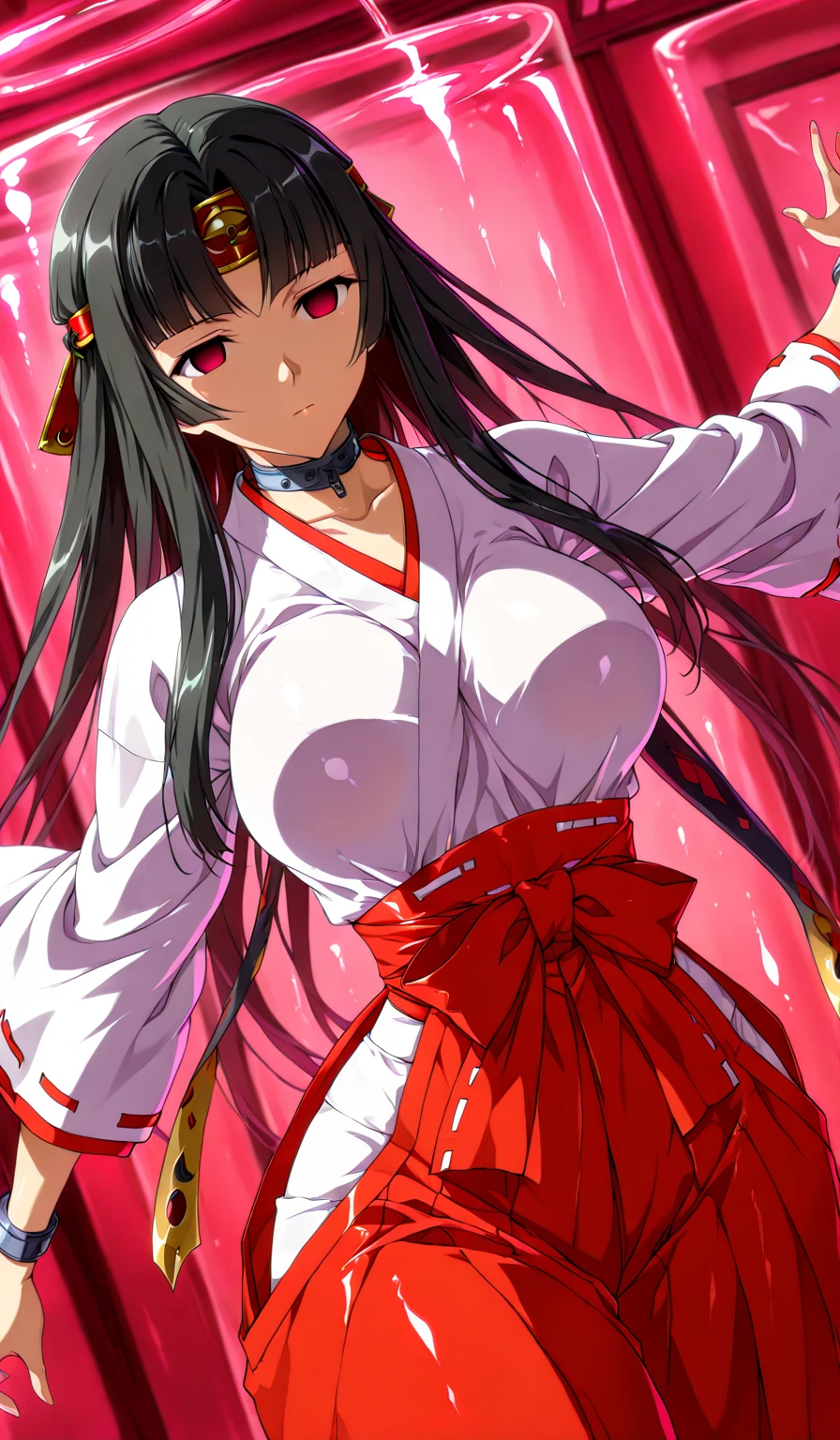 A beautiful 15-year-old princess from the Sengoku period with long black hair　Gorgeous embroidery, Ultra glossy, She is wearing a shiny red long-sleeved floral layered kimono.... Red kimono jacket　She is forced to embrace an old man in front of her lover.　Intense foreplay　Fluid spurting from her nipples　The old man licks her breasts