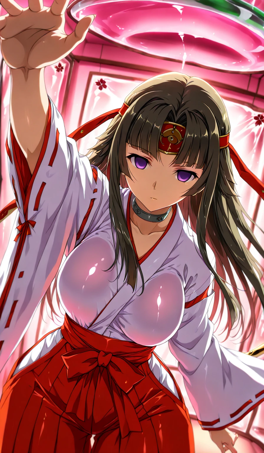 Close-up of a woman with black straight hime cut hair wearing a red and orange dress, Red kimono with flower patterns, From the Sengoku period, Long and beautiful kimono, Flowing hair and long, super shiny robes, Red kimono, Japanese Kimono, Wearing Imperial Kimono, Wearing kimono and armor, In kimono, Safety, kimono, Hakama kimono, Inspired by Fujiwara Takanobu, pale and colouRed kimono　She is laid down on the futon, exposing her nipples, writhing and crying.
