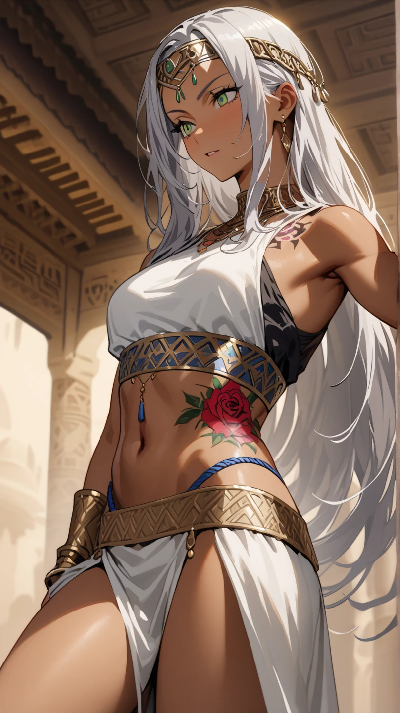 ((melhor qualidade)), ((obra-prima)), (altamente detalhado:1.3)mulher sensual, mulher negra, labios grossos usando roupa indiana bonita, with many cords, aneis e brincos de ouro com pele escura, realy dark skin, chocolate tone skin, sensual, quadril largos gordas, bunda grande, seios fartos, cabelos cacheados compridos brancos, muito compridos, olhos verdes cor de menta, sensual, roupas hindus sensuais, sari branco, deitada de quatro em almofadas ao lado de um tigre siberiano, jovem rosto perfeito, cabelo branco, cabelo branco comprido e cacheado, rosto perfeito, rosto detalhado, cabelos brancos, rosto diabolico, Sadistic face, Slyly, Slytherin Expression, cabelos brancos longos encaracolados e com franja, penteado detalhados, Typical and luxurious Indian clothes and sensuasi