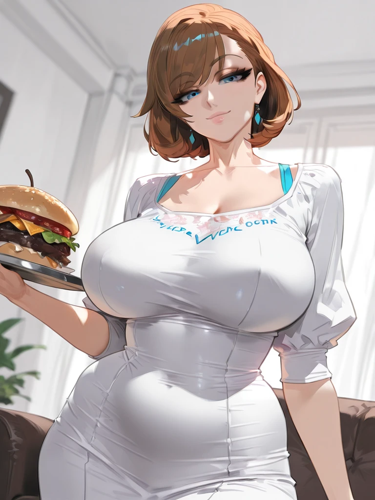 January Jones, masterpiece quality, (masterpiece quality:1.3), detailed, realistic, (realistic:1.3), in a busy restaurant, lots of food in background, food everywhere, buffet table in background, short hair, platinum hair, wearing white dress, (white dress:1.5), short skirt, wearing choker collar, big breasts, (big breasts:1.5), chubby body, chubby belly, (chubby belly:1.5),