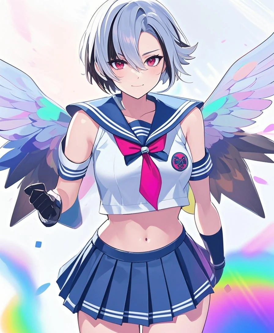 "(perfect masterpiece:1.2), (highest quality:1.2), stunning face,  uniform, Chubby, Big eyes, compensate, long and luxurious eyelashes, lip whole,cheerleader,belly button,(((female brat))),(((very short hair))),raised his arms,NSFW,devil&#39;s smile,Are standing,Upper body,front,Cheerleader,mini skirt,double teeth,young,