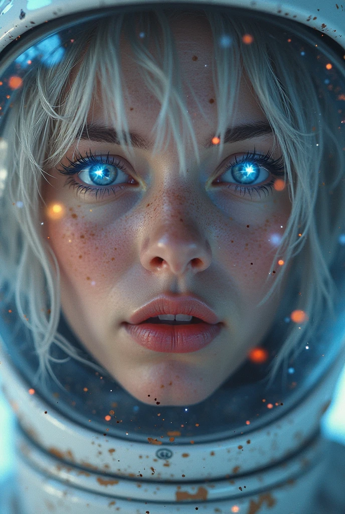 (Close-up of a better masterpiece:1.5)0.9], (Space and astronauts:1.2) (Messy silver hair:1.1) (Heterochromia xanthochromia and blue eyes:1.2) (Space Helmet:1.0) (Colored stars in the eyes:1.0) (A radiant glow:1.1) (thick lips:0.9)