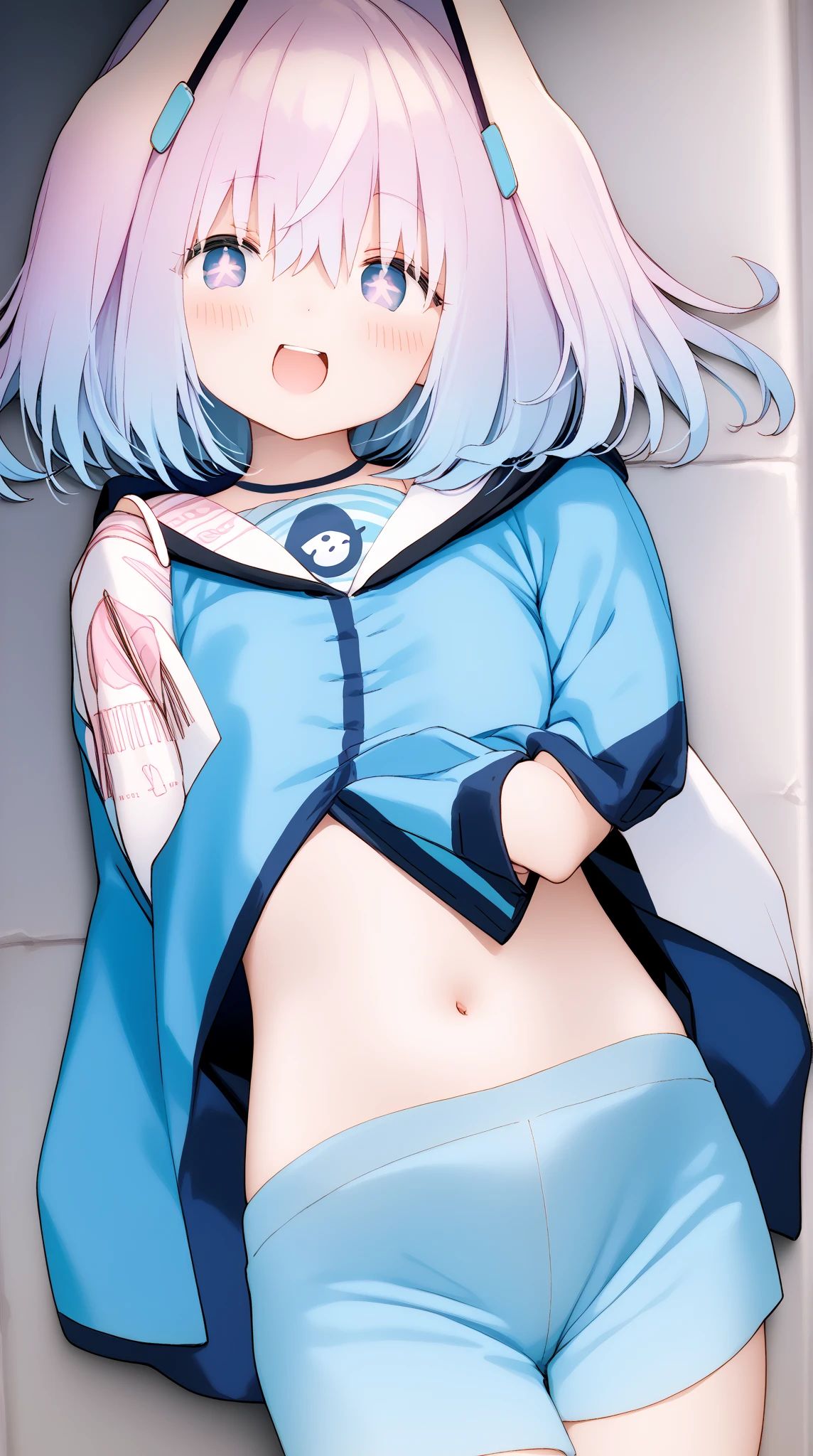 nsfw, usada pekora casual, official alternate costume, fur-trimmed jacket, choker, denim jacket, open clothes, white belt, long sleeves, open jacket, sailor collar, blue neckerchief, pleated skirt, white sailor collar, small breasts, breasts out, show off nipple, bottomless, spread legs, crotch grab, spread pussy, pussy juice