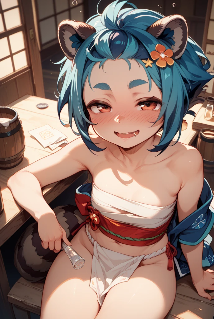 nsfw, masterpiece, 1 girl, erect nipples, intricately detailed, ((topless)), navel, red skirt, bare shoulders, necklace, citypop, hanako, erect nipples, puffy nipples, extremely detailed, photorealistic, octane render, 8 k, unreal engine, bare breasts, nipples, bare stomach, sweaty, people on background, moist breath, small breasts, smiling, collarbone, wet body, black hair, shrine maiden, red hakama, japanese, ray of lights, aqua eyes, short hair, white flower hair ornament, shinto shrine, waterfall, enchanted, magical, fireflies, uneven bangs, long skirt, lamp, outdoors, looking away, wooden necklace, holding paintbrush, body graffiti, black body paint, breast paint. body writing, tattoo, japanese characters, wooden pendant, bell hair ornament, dancing, arms up, dynamic pose, torii gate, shrine