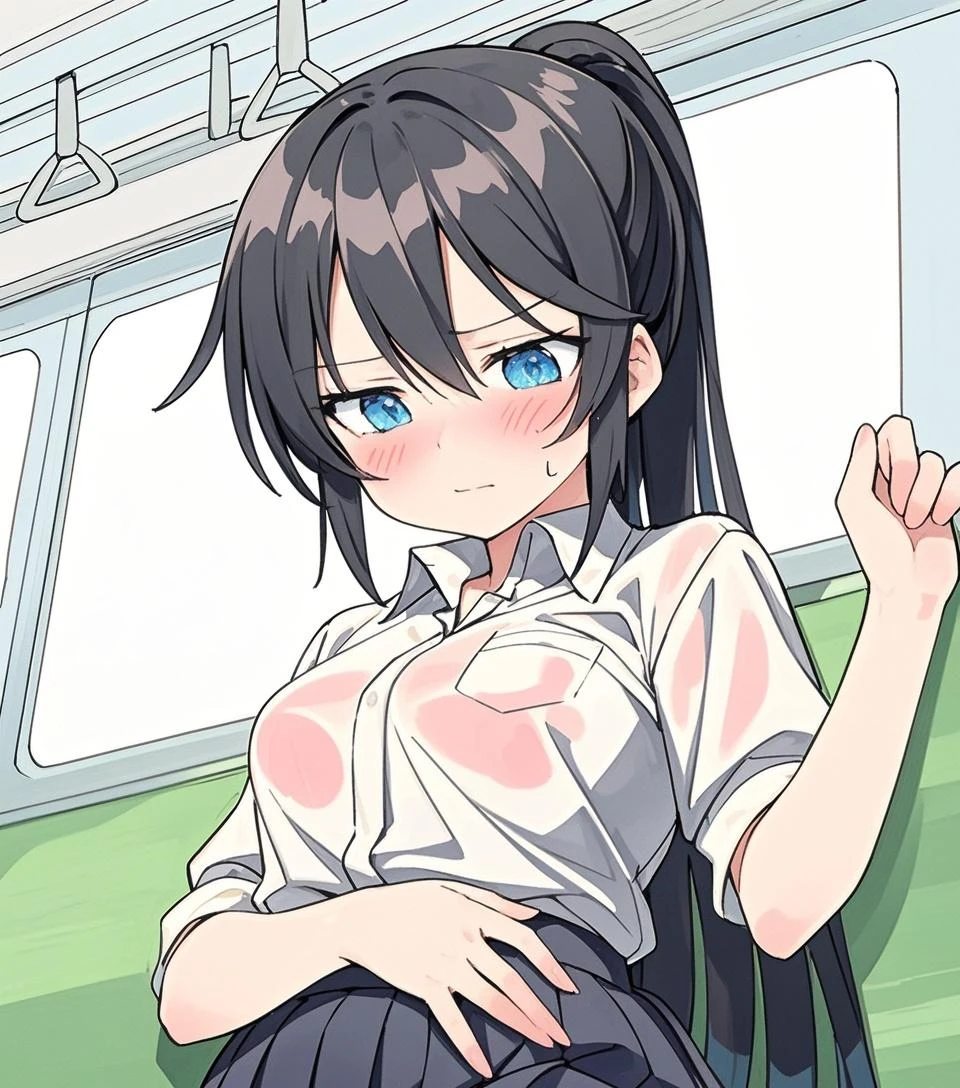 On a train, a molester makes a topless girl, wearing a checkered skirt and no underwear, with erect nipples, a short bob of light pubic hair, black hair, small breasts, and crying in disgust, straddle her on his lap and insert his penis into her vagina.