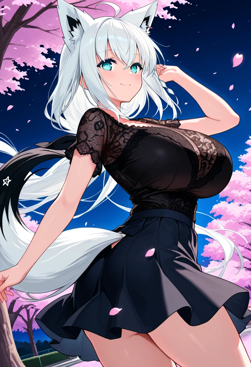 Beautiful girl, nun, nun outfit, night, moonlit night, cherry blossom blizzard, big breasts, cleavage, sexy, innocent smile
