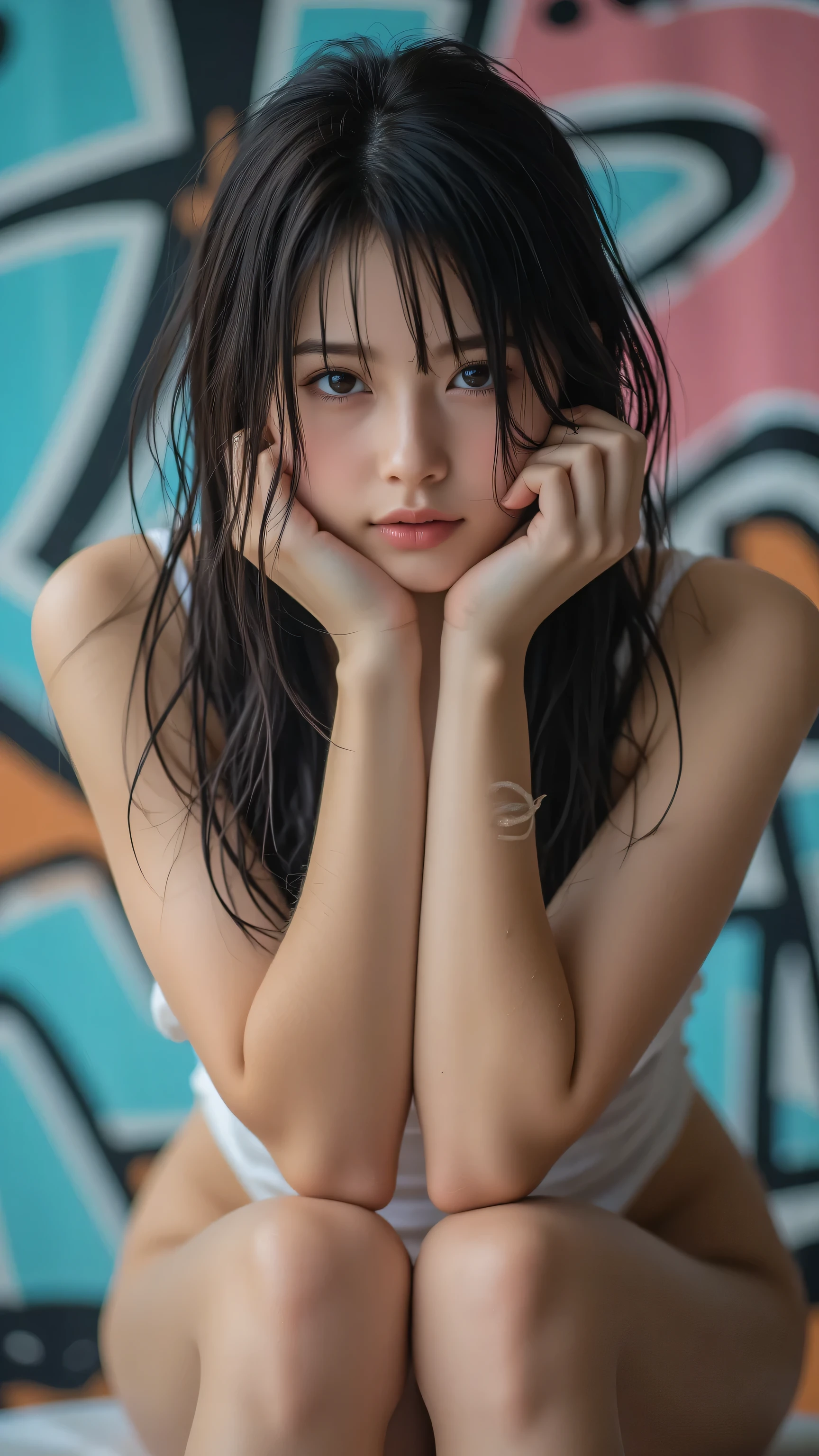 A high-resolution 8K RAW photo of a solo Japanese actress, captured in a portrait with cinematic brilliance and photorealistic detail (realistic, photo-realistic:1.2). Her exquisite face, with detailed seductive eyes, a sophisticated nose, and pale skin, locks onto the camera with a sensual gaze. Wet hair clings to her wet skin, her wet clothes—a transparent, seamless, thin-strap, tight-fitting, high-leg white leotard—revealing a cameltoe and groin wedgie (detail:1.4), with covered nipples and tiny breasts. She sits in ankle strap sandals, leaning forward with elbows on her knees and detailed hands clasped, exuding a casual yet seductive gravure charm. The background features an urban graffiti wall with bold colors and textures, crafted in sharp focus and highest quality, intensifying her elegant allure.
,tiny breasts, hidden nipples,
