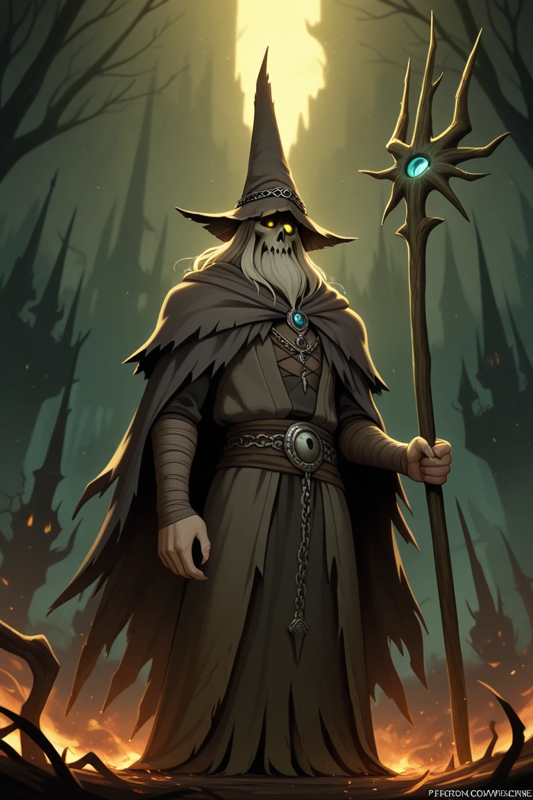 There is a wizard with wearing dark purple suit and dark purple wizard hat and he has a large white beard and he also have glowing yellow eyes and he is holding a dragonskull staff, the background is green. And make it realistic.