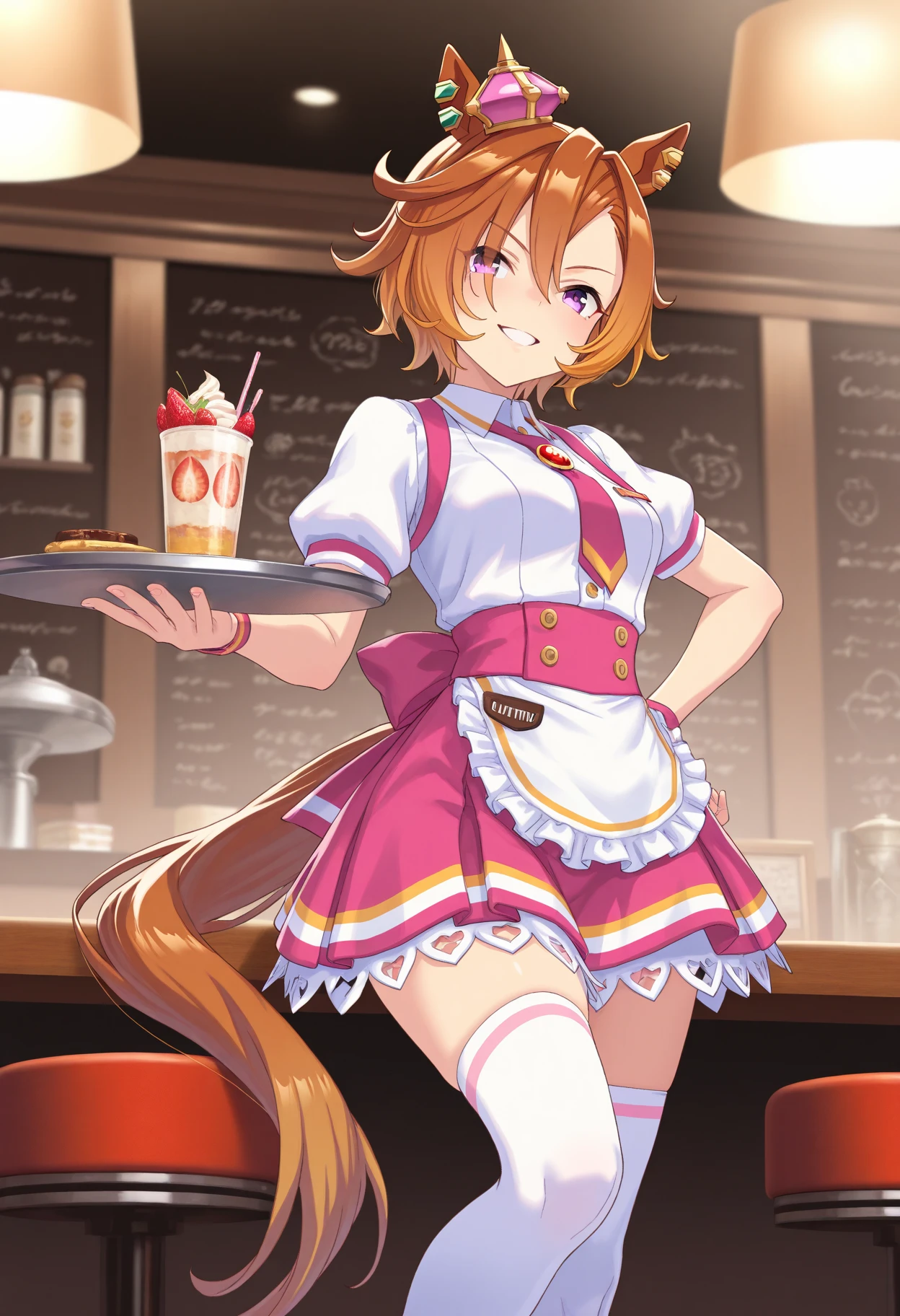 Highest quality,masterpiece, best resolution, nsfw, 1 girl, reverse bunny, huge breasts,pink nipple, belly button, shaved pussy,indoor, cafe, blush, standing, looking at viewer, horse ears, horse tail, Copano Rickey