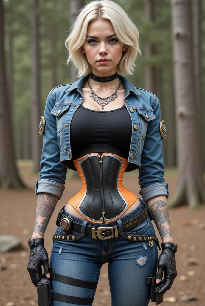 an steampunk girl at a party, (white crop top:1.2), small breast, black and blue leather, tattoo, hyper detailed, ultra sharp, long auburn hair in braids, 8k, (insanely detailed:1.5), full body photograph, 20 megapixel, canon eos r3, detailed skin, pale skin