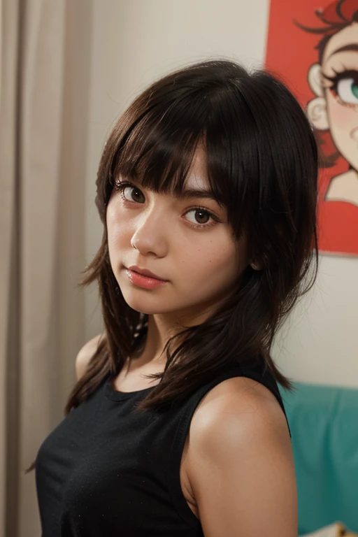 Top quality, 1 beautiful woman, super short Hair, shy Smile,  From Above