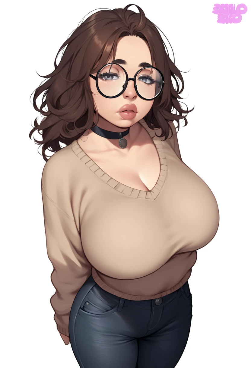 score_9, score_8_up, score_7_up, score_6_up, score_5_up, score_4_up, BREAK 1girl, brown hair, bun hair, green eyes, thick lips, long eyelashes, half-closed eyes, black-framed eyewear, round eyewear, black choker, blunt bangs, adult, black eyeliner, purple lips, golden eyeshadow, looking at viewer, BREAK solo, standing, large breasts, adult, skinny, highleg, arched back, thigh gap, cardigan, black jeans, BREAK (white background:1.2), simple background, dynamic pose, dynamic angle, angled shot,
