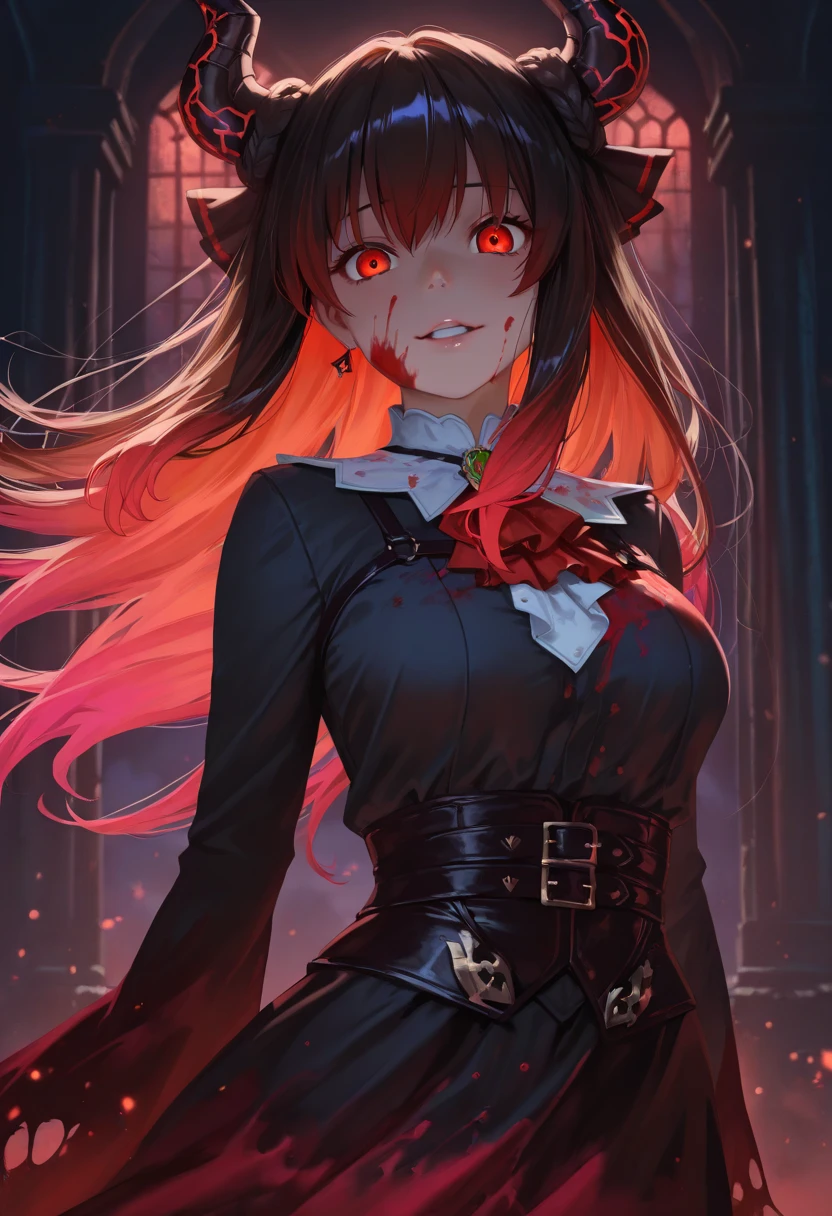 Realistic and detailed image of a zombie elf. Dressed in torn school uniform and ripped pleated mini skirt. Unusually shiny long silky scarlet red hair. Green eyes. She has earrings and long eyelashes. Has full lips. Large breasts, slim waist, very wide hips and thick thighs. Dark smile. Back arched. Dark mood. Foggy night, Halloween. crawling. Cemetery.