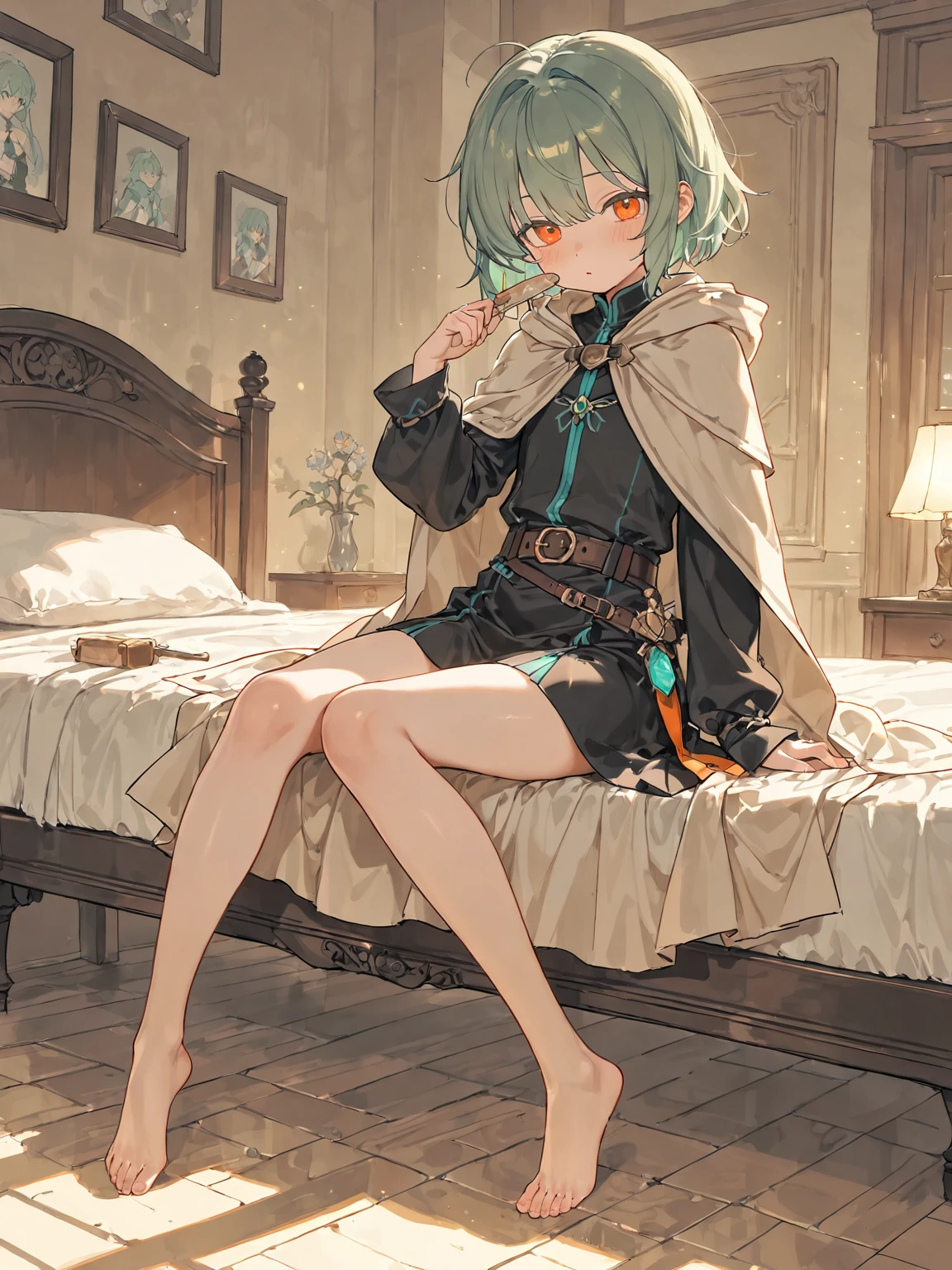 (Super detailed)),((illustration))，((masterpiece)),(((need))),((fine、Highest quality CG Unity 8K wallpapers，masterpiece），（（4K，masterpiece，best quality）），Girl with short silver hair，flat chest，Gold and silver eyes，Green apprentice clothes，Black short cape，Berets，Black shoes，White Silk，Monocle，The walls are covered with self-portraits that are slightly different from myself.，身边rainbow环绕，将画笔戳向rainbow中，Exhaustion，Overworked，There is a drawing board in front of me，In the green humble house，Sun rain，rainbow，individual，Full body picture
