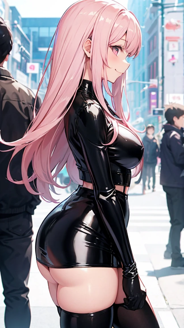 One adult woman, pink eyes, long blonde hair, black leather, smirk, street night