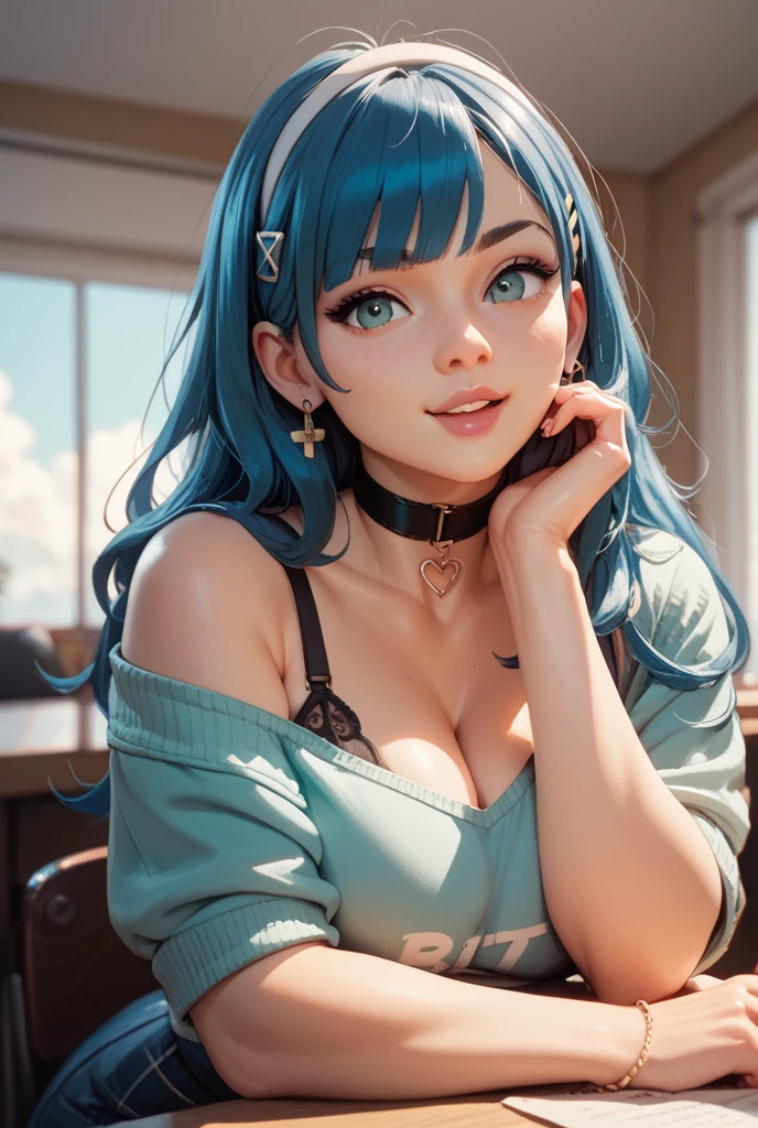 8K、top-quality、Masterpiece、An ultra-high picture quality、ultra-detailliert、Super beautiful、animesque、Ultra-realistic flesh feeling、full bodyesbian、Drinking a latte、Off-shoulder blue knitwear、Beautuful Women、Long blue hair、poneyTail、Blue eyes、shinny skin、Very gigantic-breasts、extremely big ass、shinny skin 、The background is a café --auto --s2