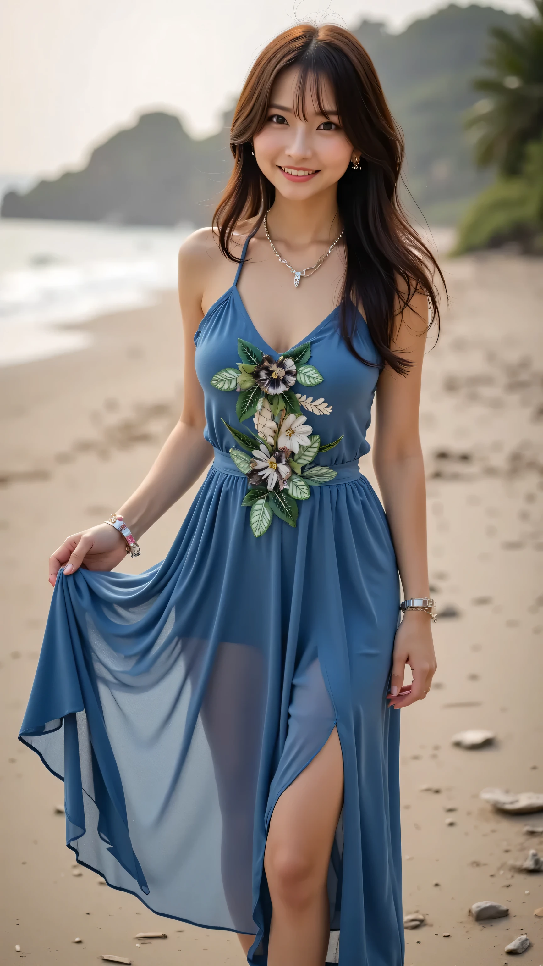Solo woman shot in a professional cowboy shot、Highlight beautiful, slender legs and thighs、long black hair、Realistic Style、green and black leaf and flower embroidery on a blue sleeveless dress、Earrings and bracelets as accessories、 wears a necklace 、 Staring at the Viewers While Smiling、skirt lifting pose、Sandy beach and gentle waves on a sunset beach background、High quality cinematic composition taken by a professional photographer、sharp focus、bokeh background。