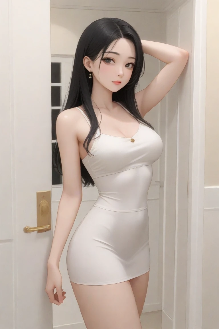 girl, Black Hair, (1980s Style), ((Red sleeveless tight dress)), Big Breasts,Long Hair, (NSFW:1.0),Tall Supermodels、Long-legged supermodel、supermodel,((Highest quality、Best image quality、Ultra-high resolution、Ultra-high resolutionで描画、Very beautiful adult woman、Strong eye highlights)),NSFW,(See-through)