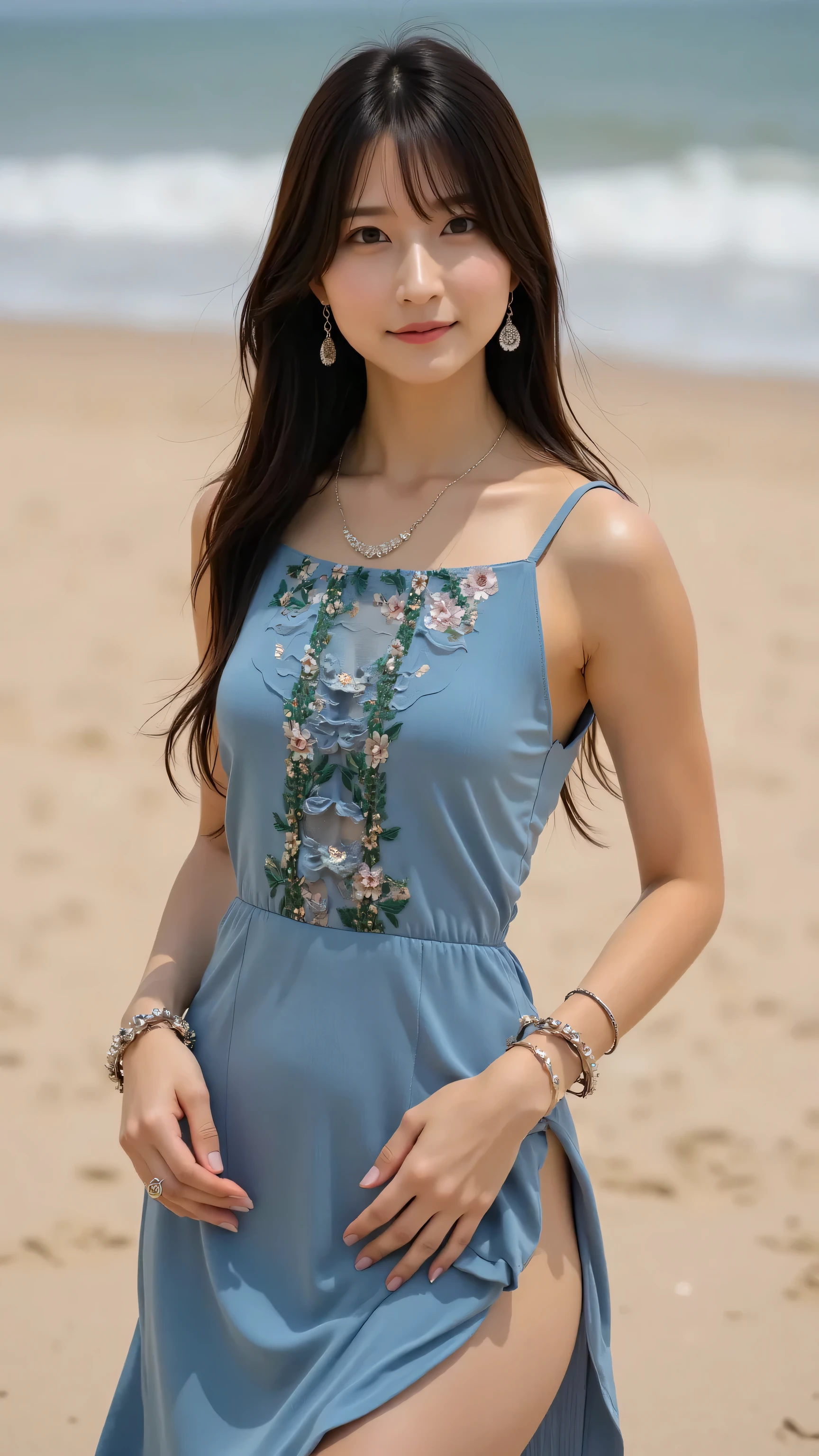 Solo woman shot in a professional cowboy shot、Highlight beautiful, slender legs and thighs、long black hair、Realistic Style、green and black leaf and flower embroidery on a blue sleeveless dress、Earrings and bracelets as accessories、 wears a necklace 、 Staring at the Viewers While Smiling、skirt lifting pose、Sandy beach and gentle waves on a sunset beach background、High quality cinematic composition taken by a professional photographer、sharp focus、bokeh background。