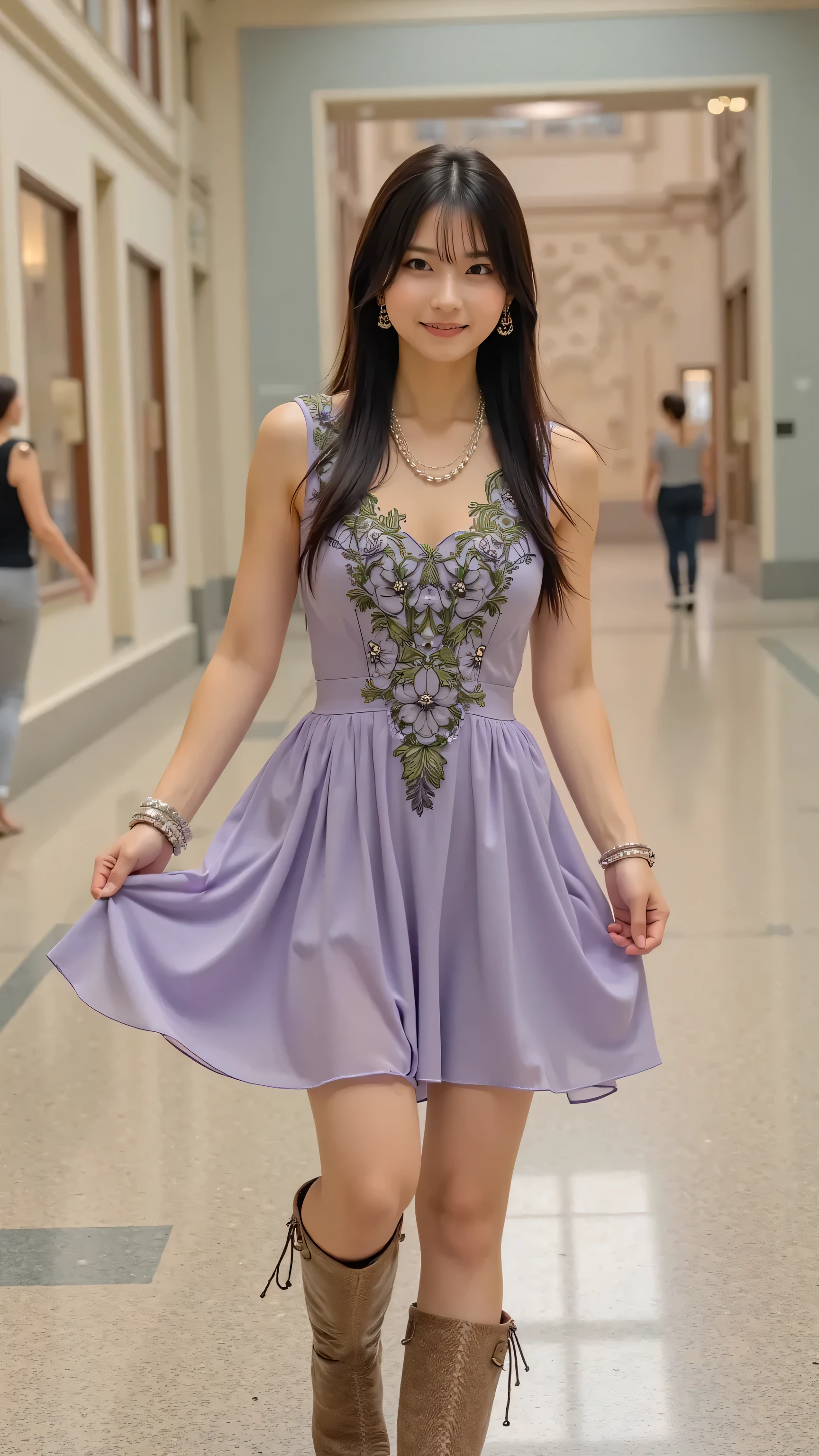 solo woman photographed in a professional cowboy shot、Highlight beautiful, slender legs and thighs、long black hair、Realistic Style、green and black leaf and flower embroidery on a lavender sleeveless dress、Earrings and bracelets as accessories、 wears a necklace 、 Staring at the Viewers While Smiling、skirt lifting pose、Ancient exhibits and marble floors in museum background、High quality cinematic composition taken by a professional photographer、sharp focus、bokeh background。