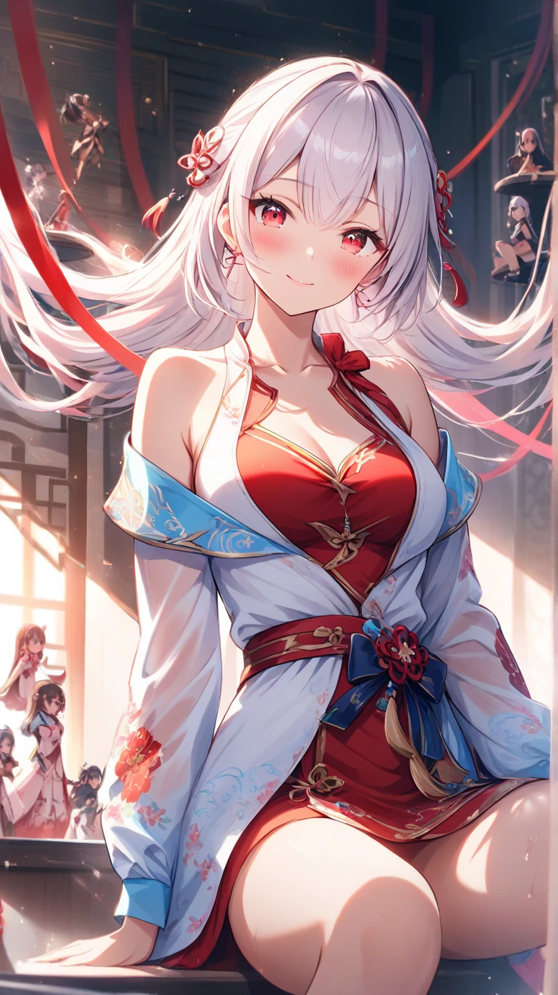 Top quality,best quality,Saint Elegant Charm,happiness,Gentle expression,in love,(Transparent colored Hanfu,Exquisite and gorgeous design),Black Gloves,Silver Hair,blue eyes,See through transparent clothes,Exquisite hair accessories,Transparent lace,Engraving pattern,Dress nicely,In the background is an old Chinese palace,Inside the hall,Elegant Posture,night,(Long garter belt:1.1),Super super detailed,Delicate and beautiful face and eyes