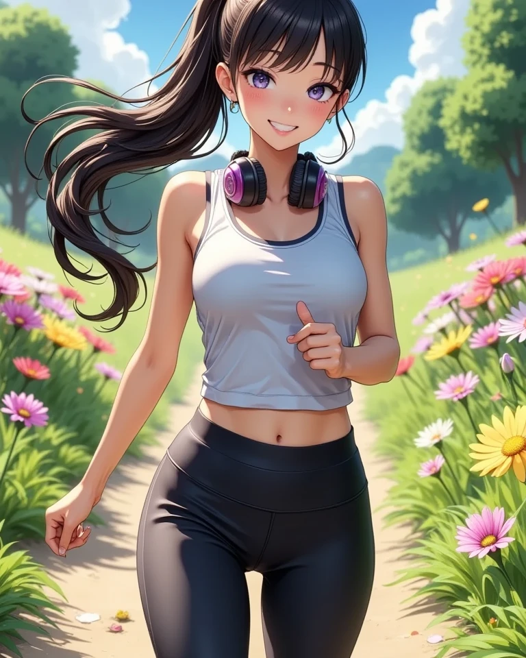 a woman jogging in a garden, wearing white leggings, black sleeveless top, short leggings, modern casual wear, loose athletic wear, track suit, casual clothing, high-tech athletic wear, vertical view of woman, detailed product shot, modern casual fashion