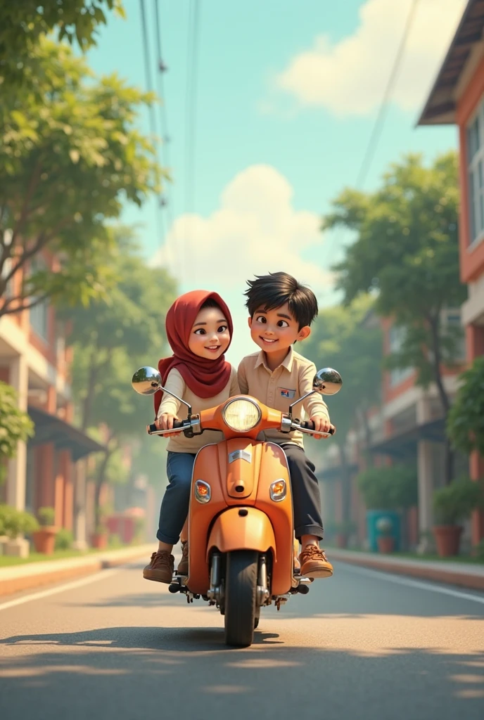 An malay boy wear black shirt with brown jacket with black helmet on his head is sitting on a blue scooter with a girl who wear a black churidar with pink dopatta and a street lights backgtound view