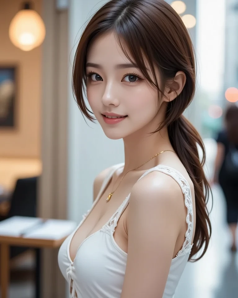 (Masterpiece, Professional lighting, 16k, 8k wallpaper, raw photo, photorealistic:1.4, ultra detailed, natural gentle lighting, detailed skin, detailed face, detailed eyes, textured skins), portrait of a stunningly beautiful 19 year old school girl, brown hair, low ponytail, tank top, panties, cleavage, busty, small breasts, looking at viewer, japanese idol,