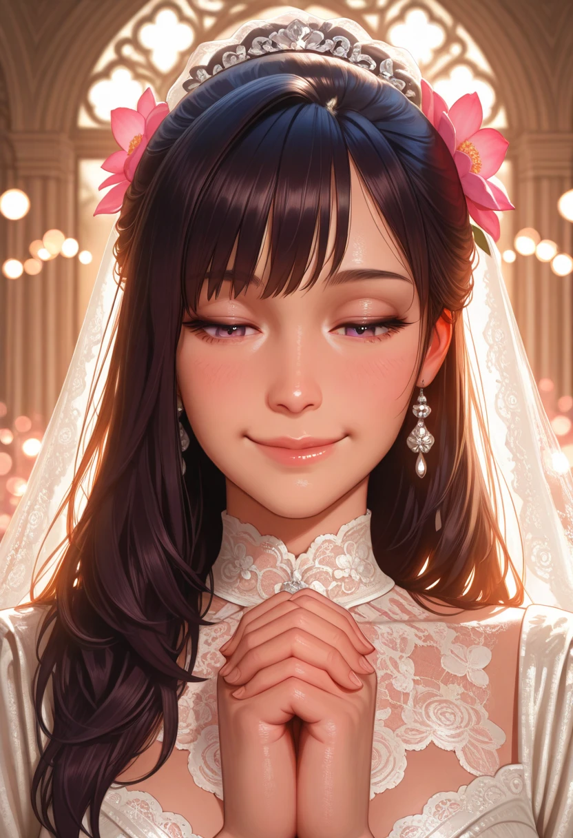 Long Light Hair,close to face,Chinese big eyes girl with lipstick on her lips, Realistic scene style, Light pink and light maroon, Bouquet in hand,Wearing a veil,Smiling,I can't believe how beautiful this is, pixar-style, pixar-style, pixar-style, pixar-style,Light white and dark pink, cartoon character,exquisite facial features,s delicate face。