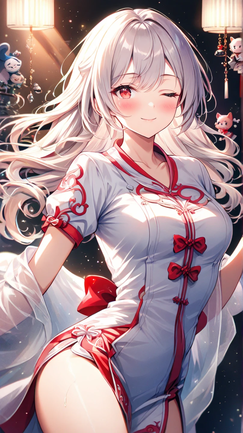 ultra-detailed masterpiece, best quality, maximalist by artgerm, 8k anime artwork, 8k photo, trending on artstation
a captivating 20-year-old chubby girl adorned in a traditional white and red long-sleeved qipao, her face accentuated with strong pink makeup and striking silver-blue eyes outlined with detailed eyeliner
Her exquisitely detailed eyes sparkle with an evil smile, framed by long silver hair cascading down her back, gathered in a thick white ponytail and crowned with a light and transparent veil that exudes charm and seduction
The enchanting scene is set in