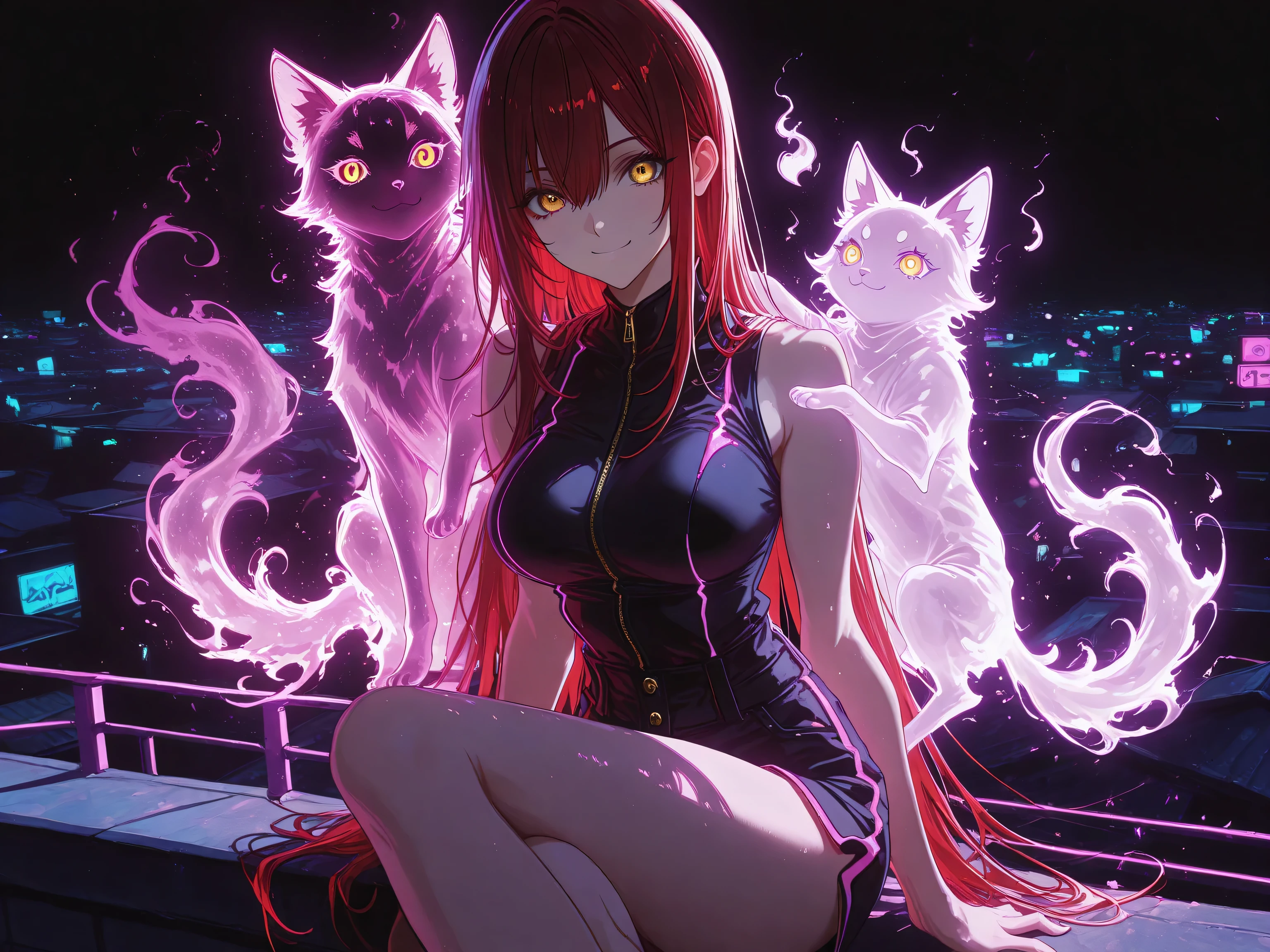 1 girl , golden eyes , very long hair , long sidelocks, red hair , petite , very cute , beautiful ,Straight hair, cool, handsome, hair between eyes, mediumlarge breast, cute eyes, bare shoulders, hoddie, shorts, cute, smiling, ((one imaginary shadow cat, sitting on shoulder, shadow cat, spirit )), sitting on a rooftop, soft, pastel, purple neon aesthetic, neon colors, glowing, glow effect, vibrant colors, high contrast, fluorescent, luminescence, light effects, chromatic lighting, colorful lighting, bright outlines, neon lineart, dark background, digital art, black background