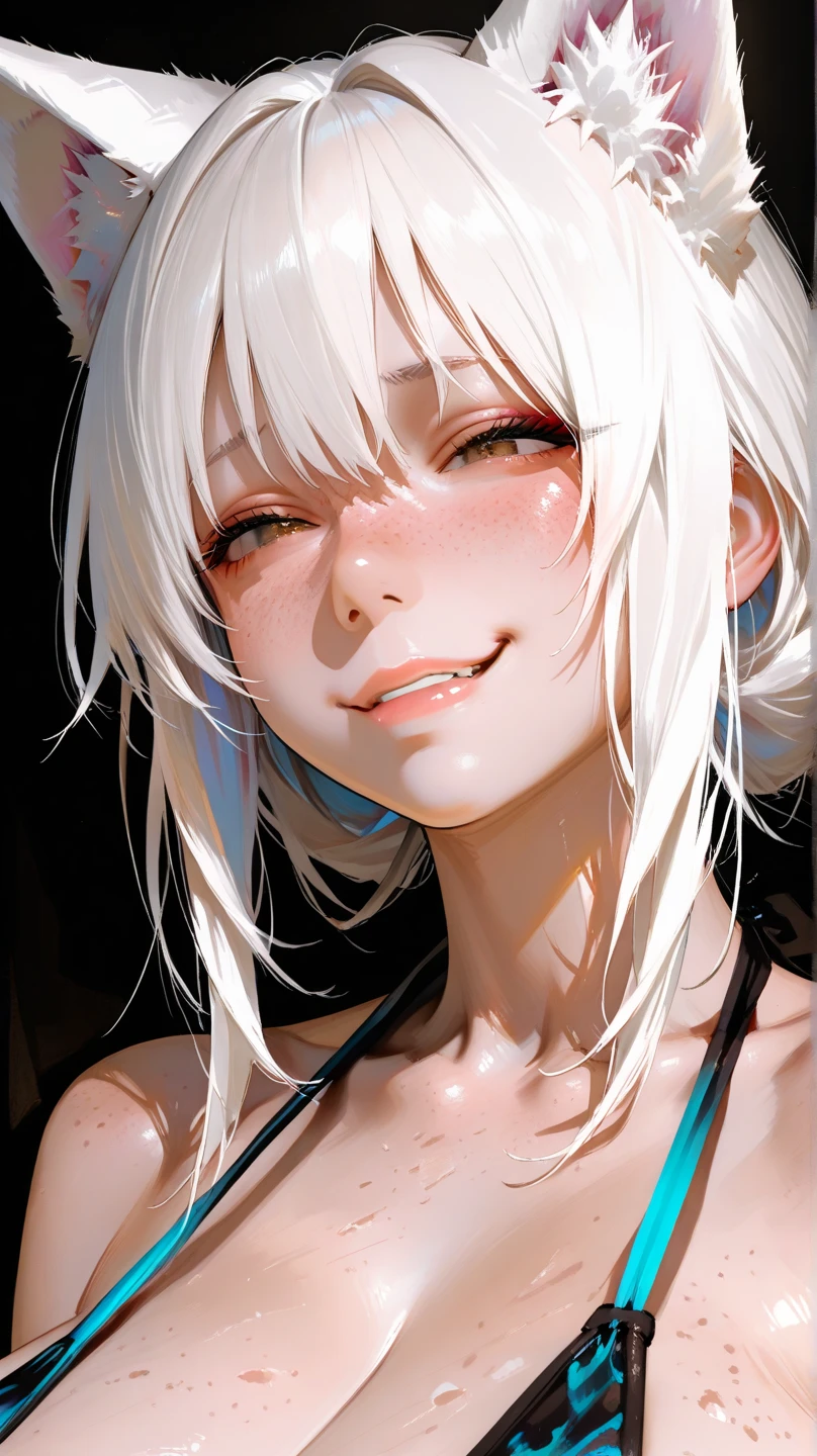 (Highest quality, masterpiece:1.2), (High resolution, 最高masterpiece).(difficult).Very detailed, Realistic:1.37, Fantasy, An illustration,Gray Hair、 Red eyes、Queen, White and blue dress、beautifully、Eyeshadow Red、Thick eyebrows、Long eyelashes、pupils are black、shiny on the lips、Top Sites、Queen、Princess、A kind smile、Show your teeth a little and smile、Soft impression、people々々々々々Loved by、Slimming the face、Shoulder Bare、ponytail、Kissing Face、Long white hair、Shaggy Bangs、Save face image、(sexy)、(Pool)、(look up)、((bikini)).