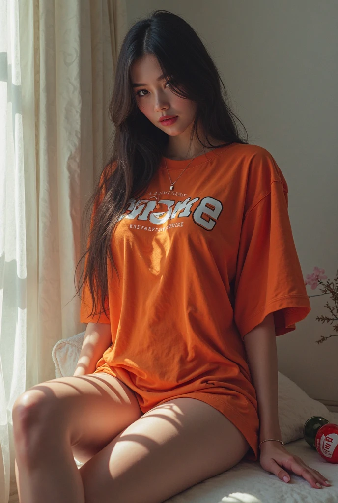 1girl,sitting on a cozy couch,crossing legs,soft light, SpongeBob t-shirt