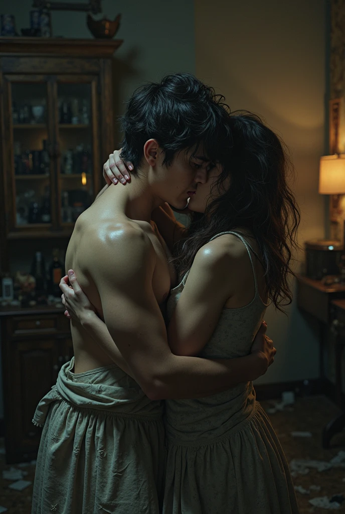 David fincher lighting style realistic, Thailand ladyboy penis cock dick, half asian, near future, black curly hair, short curly angled bob haircut, straight hair bangs,the hair has blue hair streaks and pink hair streaks, flat chested , black thigh high socks, background, city apartment, sexy, pretty skin, fully naked shemale, small tits, shes transsexual, sexy, ladyboy penis, cock, dick , she cock, sex pot, sissy, gay ladyboy penis, femboy body, penis, BDSM collar , porn, pornography, a big large man, is on top of her naked, the man is fat, naked, shady motel room, sex, sex slave, sex doll, she is laying on the bed, wasted, limp and numb, crying, a man just abused her, she's wearing a BDSM slave collar,