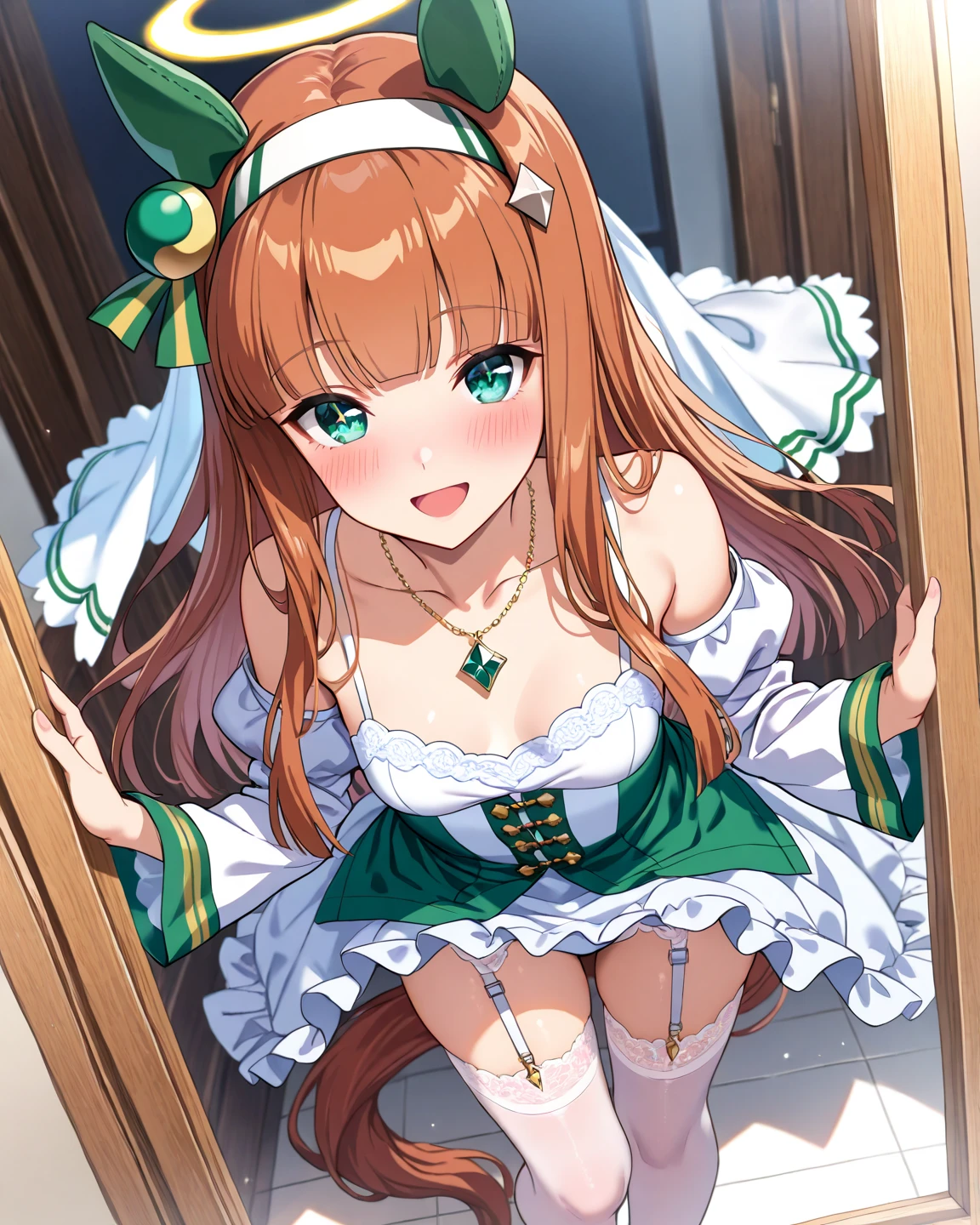 Silence Suzuka、blush,smile、Horse Girl、Green costume、In uniform、Primary school students、The back is very small、Lolita、Small breasts、Please show me your armpits、exterior: 12 years old、Shoulder Bare、The clavicle is visible、Sexy thighs、Beautiful legs、Usual hairstyle、highest quality, High resolution, unity 8k wallpaper, (shape:0.8), (Beautiful and beautiful eyes:1.6), Highly detailed face, Perfect lighting, Highly detailed CG, (Perfect hands, Perfect Anatomy),(((vaginal,sex)))