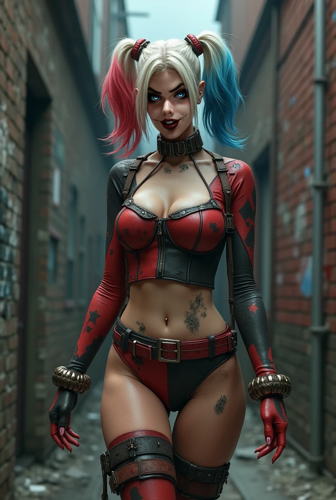 A sexy Harley Quinn from DC Comics. High-resolution artwork, vivid colors, and sharp focus. Extremely detailed face with beautiful eyes, detailed lips, and long eyelashes. Emphasize her mischievous grin and playful expression. She is wearing her iconic red and black jester outfit, with a mini-dress, fishnet stockings, and black boots. Her outfit should be vibrant and eye-catching. The background should be a dark and moody Gotham City alley with hints of neon lights and graffiti. Captivate the essence of her character, her both seductive and dangerous. The artwork should have a comic book style, with bold lines and exaggerated features, sexy, naughty, rear view