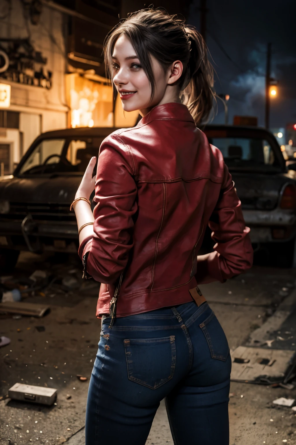(best quality, photorealistic, hyper realistic, masterpiece:1.3), a close up photo of 1girl, perfect ass, short white pants, shirt, jacket, fire, smoke, fog, very fast, night street, destroyed buildings, (city), light effects, high quality, highres, 4k, 8k