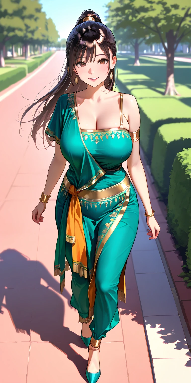 masterpiece, absurdres, maki zenin, 1girl, solo, smiling, mature female, wearing indian saree, green saree, looking at viewelling petals), perfect composition, detailed lips, big breast, beautiful face, body proportion, blush, (pink lips), short green hair, one eye covering, soft gaze, super realistic, detailed, photoshoot, realistic face and body, full body picture, 16k, at a flower garden, high heels, standing,