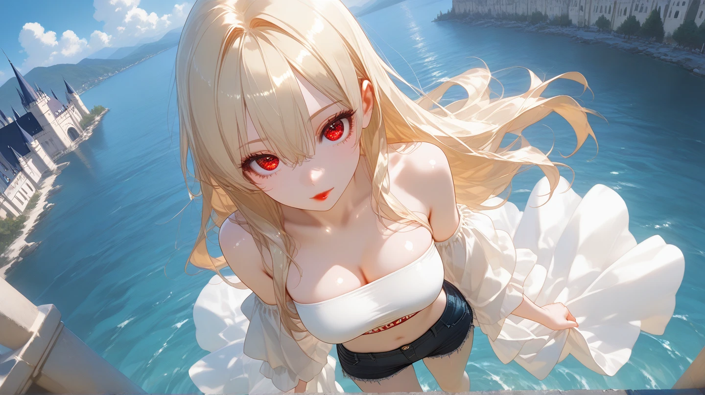 Long gray hair,blood red eyes,Necklace with cross,Wearing a black and white goth bikini,beach,beach球,Woman on top position