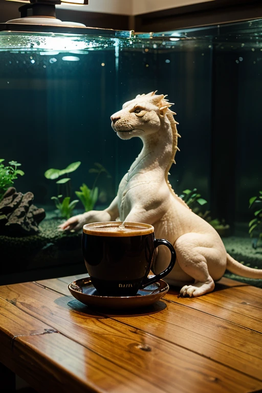White dragon drinking coffee in the coffee shop]