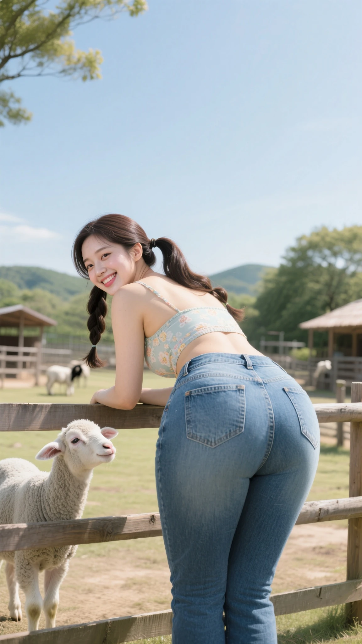 Highest quality,High resolution,A woman butts heads with a white sheep,Her long hair that reaches down to her waist is fluttering,There are lots of sheep's fluff flying around,The background is a meadow