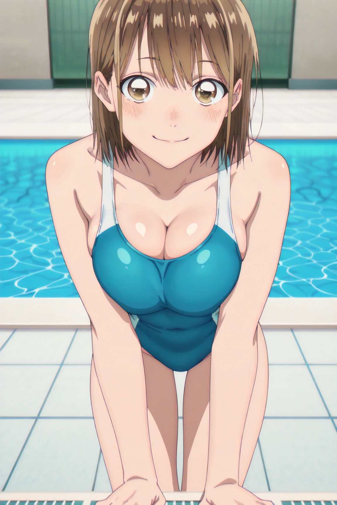 Kyoto animation, female, white, 18 year old woman, slim body, big breasts, sexy thigs, long brown hair, blue eyes, cute face, soft smile, closed swim suit, Indoor swimming pool