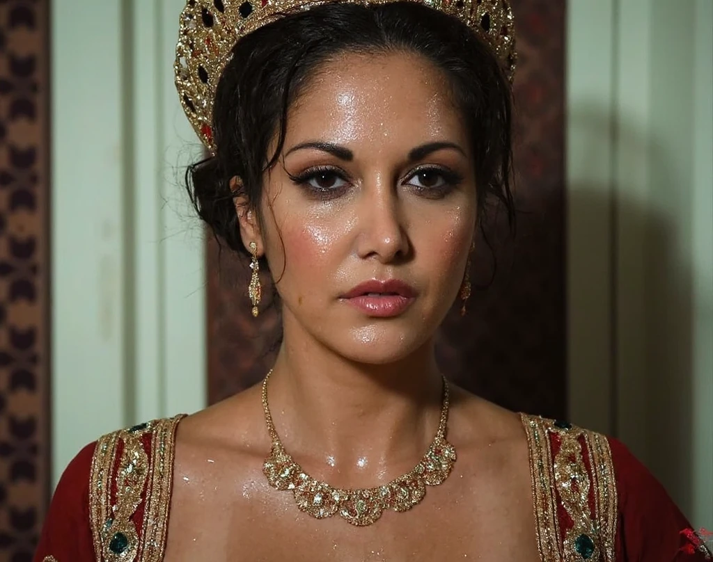 Face close up a 40 year old tough matured indian woman as queen wearing in palace at noon sweating wet face skin, detailed skin pore, visible skin pore, 4k, 8k, thick body,
